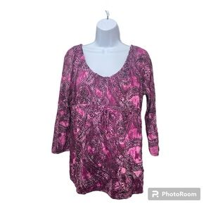 AXCESS LIZ CLAIBORNE Purple & Black Gathered Waist Flirty Romantic Top Size M